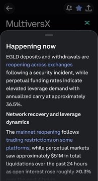 The image shows a MultiversX news update titled "Happening now," announcing that EGLD deposits and withdrawals are reopening across exchanges after a security incident, while noting that perpetual funding rates indicate elevated leverage demand with annualized funding carry at approximately 36.5%. It relates to the post by providing context on $EGLD's current situation, where despite positive network recovery signals and over $5M in liquidations, holders are cautiously hoping the token can break $50 toward new highs.