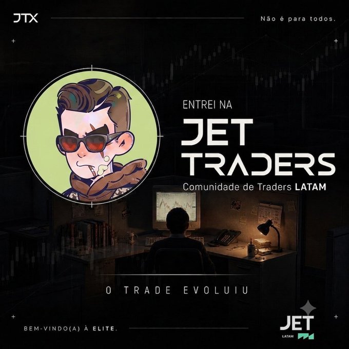The image is a promotional graphic for "Jet Traders," a LATAM trading community, featuring a cartoon avatar of a man in sunglasses and the tagline "Entrei na JET TRADERS" (I joined Jet Traders) along with the phrase "O Trade Evoluiu" (Trading Has Evolved). It ties to the post announcing that @jtx_trade is launching on Thursday, presenting the community as an elite, transformative option for traders.
