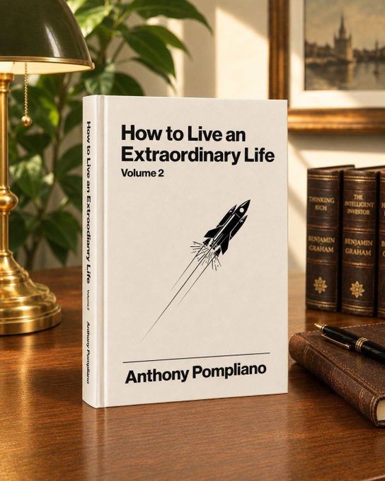 A hardcover copy of "How to Live an Extraordinary Life: Volume 2" by Anthony Pompliano is displayed on a wooden desk, featuring a rocket illustration on its cream-colored cover and propped against a vintage bookend beside a brass lamp. The image showcases the new book launch referenced in the post, celebrating Pompliano's latest release.