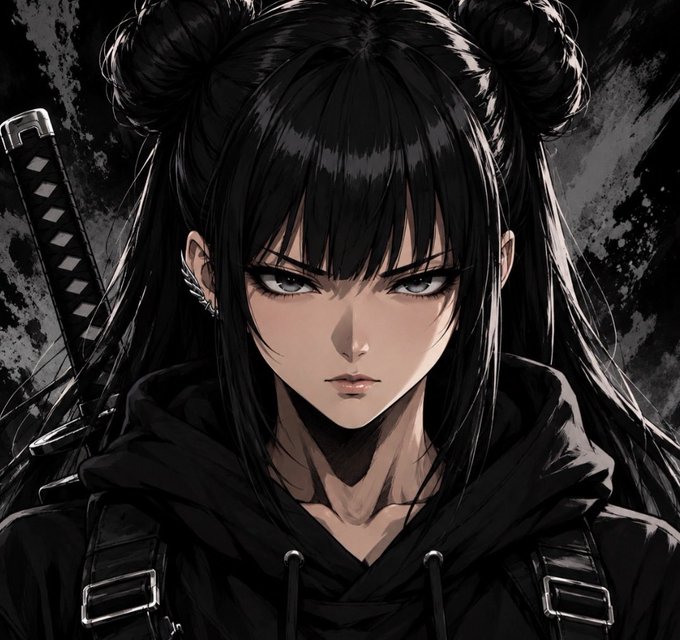 An anime-style illustration depicts a girl with black hair in double buns, pale blue eyes, and a black hooded outfit with a katana on her back against a dark splattered background.