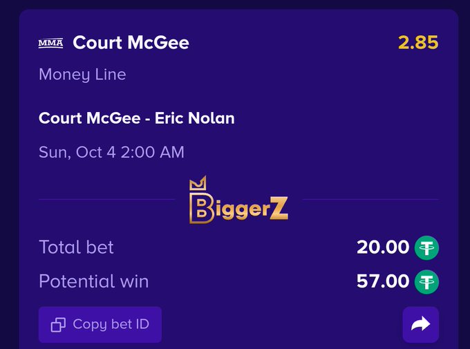 A betting interface from 'BiggerZ' showing a 'Court McGee - Eric Nolan' MMA Money Line bet of 20.00 chips, with odds of 2.85 and a potential win of 57.00 chips.