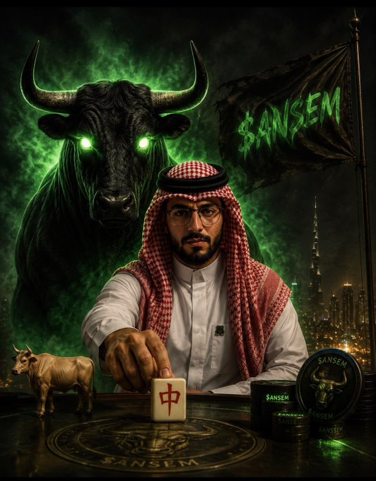 A dramatic digital artwork featuring a man in traditional Arab headdress pointing at a mahjong tile, with a glowing green-eyed bull behind him and '$ANSEM' flags.