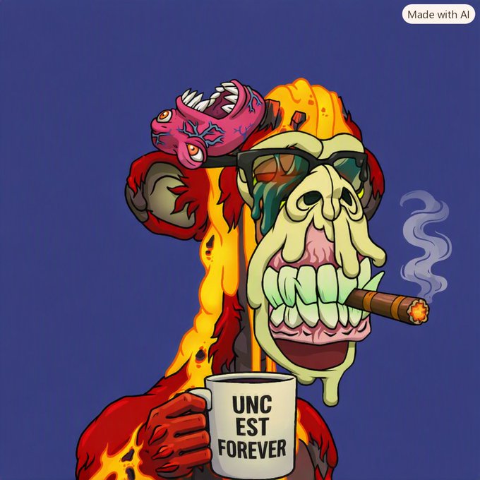 An AI-generated cartoon illustration of a grotesque, flame-covered monster with multiple eyes smoking a cigar and holding a mug that reads 'UNC EST FOREVER', marked 'Made with AI' in the corner.