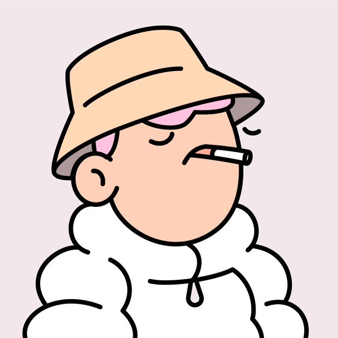 A cartoon illustration of a chubby figure wearing a beige bucket hat and white puffer jacket, smoking a cigarette with closed eyes.