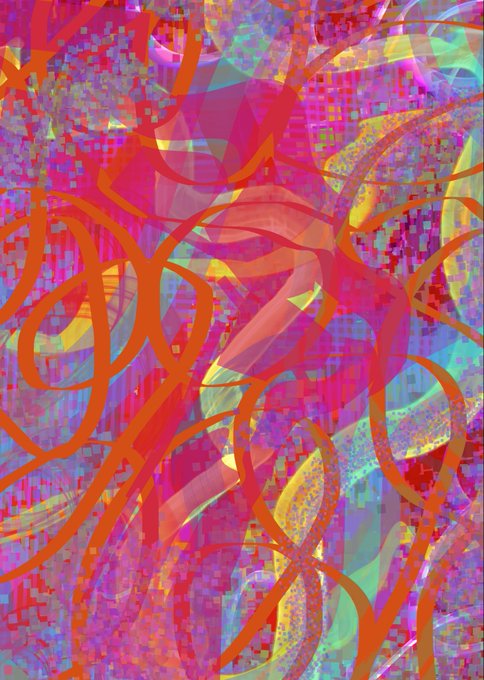 An abstract digital artwork displays swirling orange ribbon-like shapes layered over a background of pink, yellow, green, and blue pixelated and textured patterns.