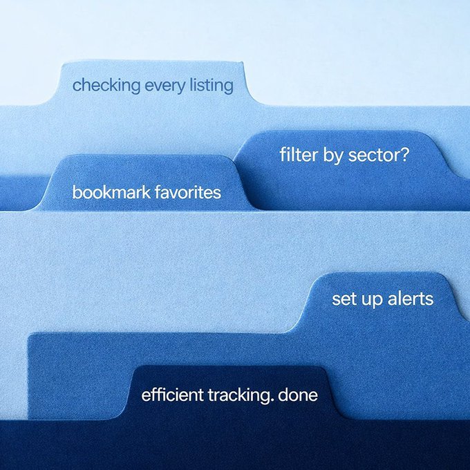 A blue-toned graphic design featuring overlapping file folder tabs with the text: 'checking every listing', 'bookmark favorites', 'filter by sector?', 'set up alerts', and 'efficient tracking. done'.