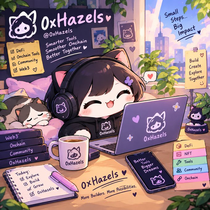 A cartoon illustration of a chibi-style cat girl character wearing headphones, working on an "0xHazels" laptop surrounded by merchandise, a to-do list, and coffee mug in a sunlit room.