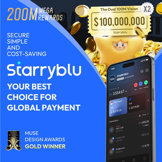 A promotional advertisement for the Starryblu payment app featuring a cartoon star mascot, a smartphone displaying the app interface, and text promoting '200M MEGA REWARDS', '$100,000,000' prizes, and a 'MUSE DESIGN AWARDS GOLD WINNER' badge.