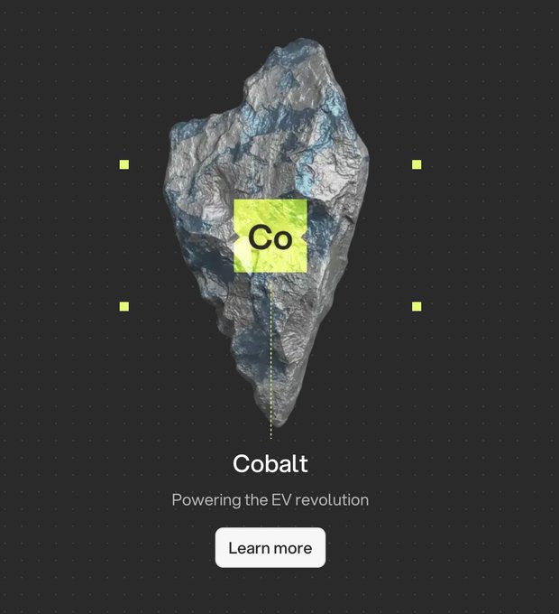 A minimalist infographic showing a rock with a periodic table tile labeled 'Co' on it, with the text 'Cobalt' and 'Powering the EV revolution' above a 'Learn more' button.