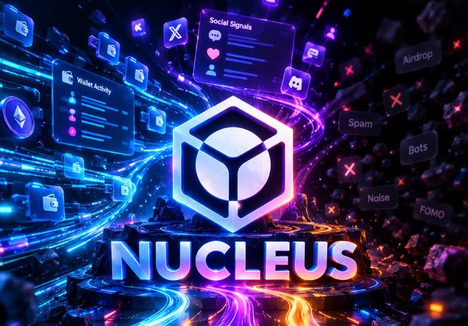 A futuristic promotional graphic displaying a glowing hexagonal 'NUCLEUS' logo surrounded by digital icons representing crypto concepts like 'Wallet Activity', 'Social Signals', 'Spam', 'Bots', and 'Noise'.