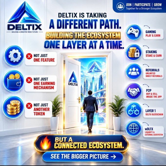 A promotional graphic for DELTIX cryptocurrency project advertises 'A Different Path' and 'Building the Ecosystem One Layer at a Time,' featuring gaming, staking, referrals, P2P, Layer 1 blockchain, and WDLTX features.