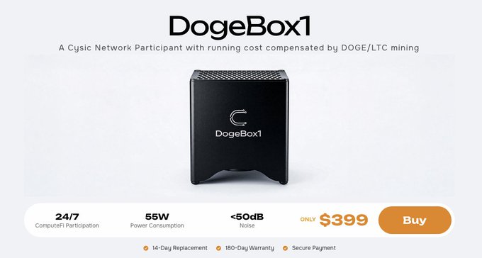 icedbox1.com offers a DOGEBOX server for $599, with 14-day power supply warranty and 10-day payment terms.