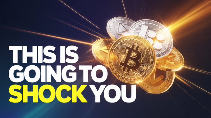 The image features a cluster of cryptocurrency coins including Bitcoin (BTC) and others against a dynamic blue background with orange light streaks, overlaid with bold text reading "THIS IS GOING TO SHOCK YOU," creating a dramatic thumbnail that visually emphasizes the surprise announcement about Ripple XRP's AI integration featured in the post.