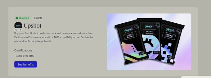 A promotional card for the "Upshot" loyalty program (ID 2416), offering prediction packs as rewards for users with a 1400+ credibility score, with three Upshot packs displayed on the right.