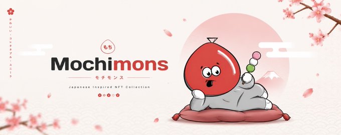 A promotional banner for "Mochimons" features a cute red mochi-like character with a small hat, holding dango on a stick, lounging on a pillow against a backdrop of cherry blossoms and Mount Fuji. The text reads "Mochimons" with Japanese characters (もち, モチモン) and describes it as a "Japanese Inspired NFT Collection," tying into the giveaway post for 5 GTD spots with @MochimonsIP.