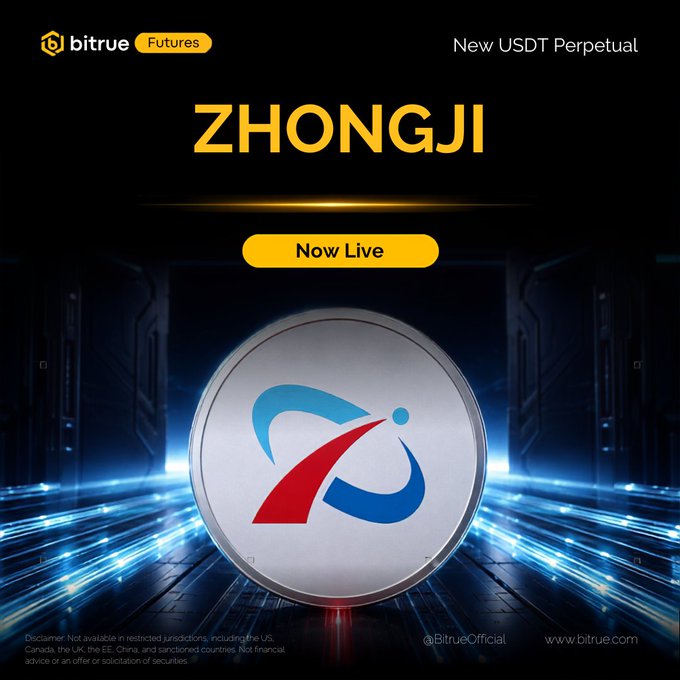 The image is a Bitrue Futures promotional announcement for the new "ZHONGJI" USDT Perpetual trading pair, featuring a 3D coin with the Zhongji Innolight logo and a "Now Live" banner. It directly supports the accompanying post by announcing the listing of Zhongji Innolight (ZHONGJI/USDT), a leading Chinese AI optical transceiver manufacturer, with a 200,000 token reward promotion.