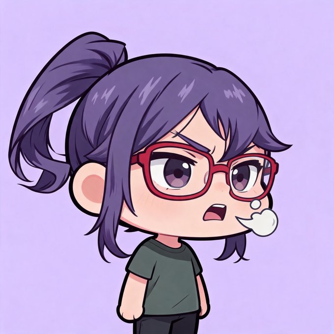 A chibi-style cartoon illustration of an angry-looking character with purple hair in a ponytail, red glasses, and an open mouth showing frustration, set against a light purple background.