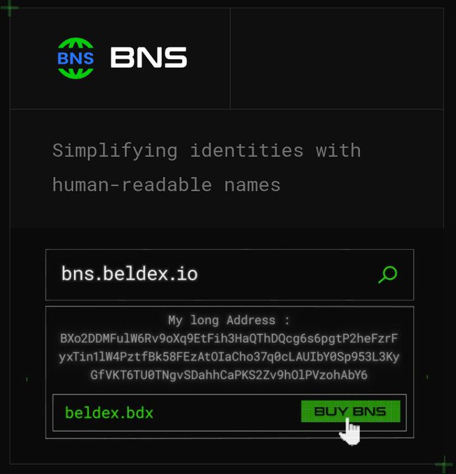 A user interface for 'BNS' (Beldex Name Service) with the text 'Simplifying identities with human-readable names.' It shows a search bar with 'bns.beldex.io', a long wallet address, and a 'BUY BNS' button next to 'beldex.bdx'.