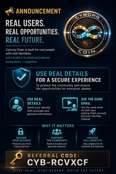 An announcement graphic for Cyborg Coin promoting 'Real Users. Real Opportunities. Real Future.' with instructions to use real details and the same email, featuring a referral code CYB-RCVXCF.