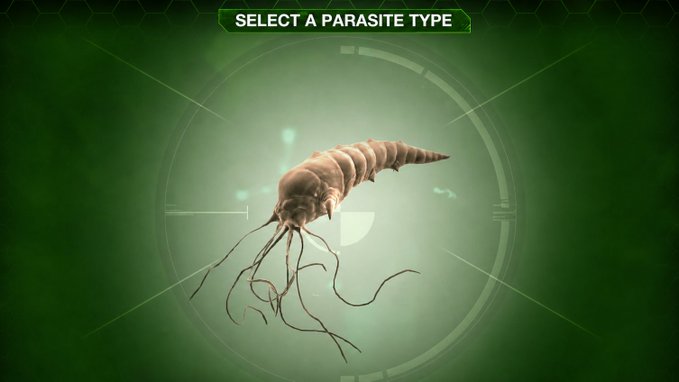 A digital rendering of a parasitic worm-like creature is displayed against a green-tinted background with the text "SELECT A PARASITE TYPE" at the top, suggesting an on-chain interactive experience or game involving parasite selection.