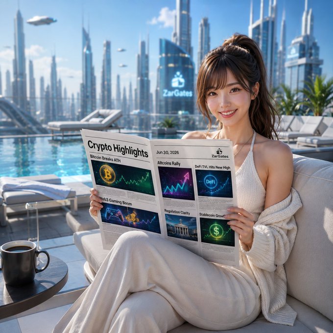 A young woman in a cream-colored loungewear set reads the "Crypto Highlights" newspaper from ZarGates dated Jun 30, 2026, featuring headlines like "Bitcoin Breaks ATH," "Altcoins Rally," and "DeFi TVL Hits New High," while relaxing on a poolside lounger with a futuristic cityscape and flying vehicles in the background. The image visually presents the ZarGates crypto market recap in a stylized, aspirational setting that contrasts the news of Bitcoin's drop below $59,500 and Ethereum's decline near $1,580–$1,610.