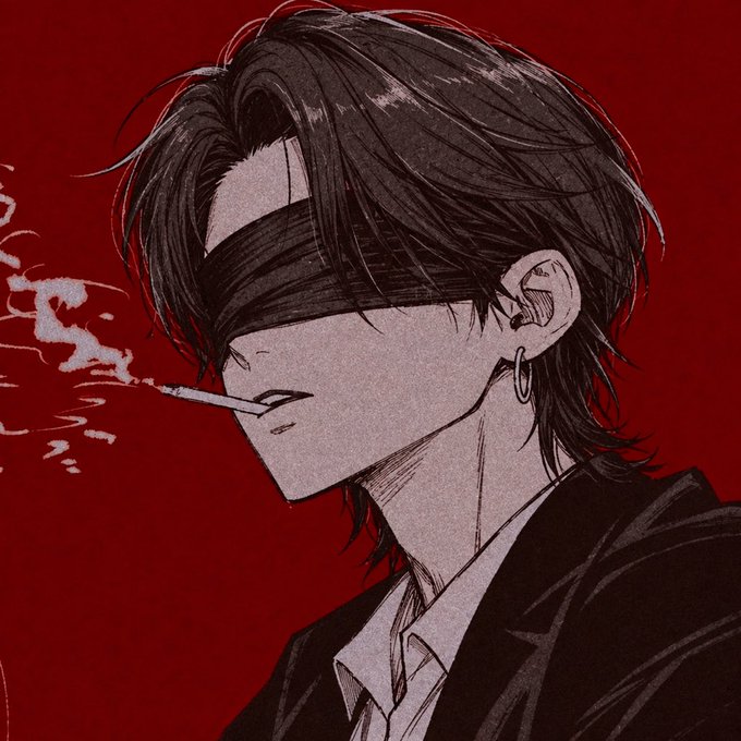 An anime-style illustration of a character with long dark hair wearing a blindfold, an earring, and a suit, smoking a cigarette against a red background.