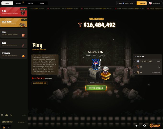 The image shows the "Cambria" game's main menu interface displaying a total of "$16,484,492" keys burned, with the player "herrro.eth (@HerrroCrypto)" highlighted alongside their loot of 77,651,263 points. The post notes that $3.2M was spent on the game, with the user drawing comparisons to DeFi Kingdoms' $2.6B FDV while observing that the Cambria token is declining.