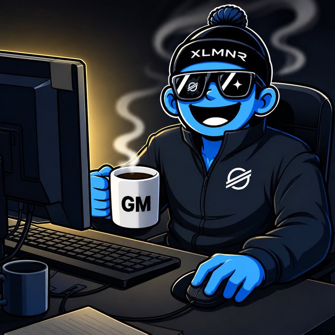 A digital illustration of a blue-skinned character wearing a beanie labeled 'XLMNR', sunglasses, and a dark jacket, sitting at a computer with a steaming mug labeled 'GM'.