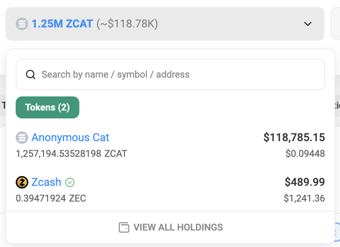 A Coinbase wallet screenshot showing holdings of 1.25M ZCAT ($118,785.15) and 0.39471924 ZEC ($489.99), humorously illustrating the poster's claim that Coinbase's "zividends" (ZCAT tokens) are making them significant profit alongside a small Zcash position.