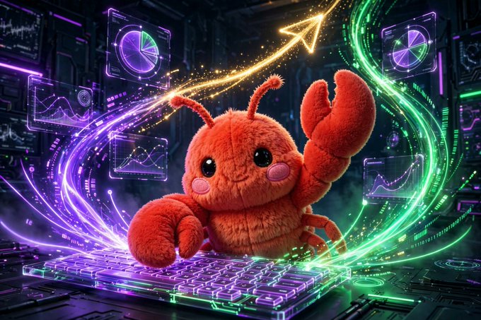 A vibrant, stylized digital artwork of a cute red fuzzy crab-like character standing on a glowing keyboard surrounded by neon data charts and screens.