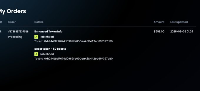 A "My Orders" dashboard shows order #1788897037518 (Processing) for $598.00, including an "Enhanced Token Info" purchase and a "Boost token - 50 boosts" for token 0xb244EDd7674dD98f9e63CeaD3D4A2ed69F397dB0, confirming the $AITAX DEX and BOOST payments referenced in the post.