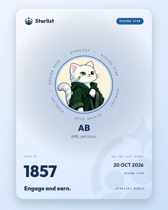 A pale blue “Starlist” Rising Star profile card features a cartoon white cat in a green cape, labeled “AB” and “@AB_geniuss,” with “STAR N° 1857” and “ON THE LIST SINCE 20 OCT 2026.” The polished points-and-rewards theme visually complements the accompanying RebateLaunch post about earning token rewards and USDG payouts on purchases.