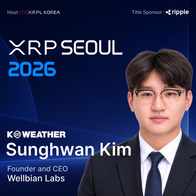 A promotional graphic for "XRP SEOUL 2026" featuring Sunghwan Kim, Founder and CEO of Wellbian Labs, hosted by XRPL KOREA with Ripple as the title sponsor.
