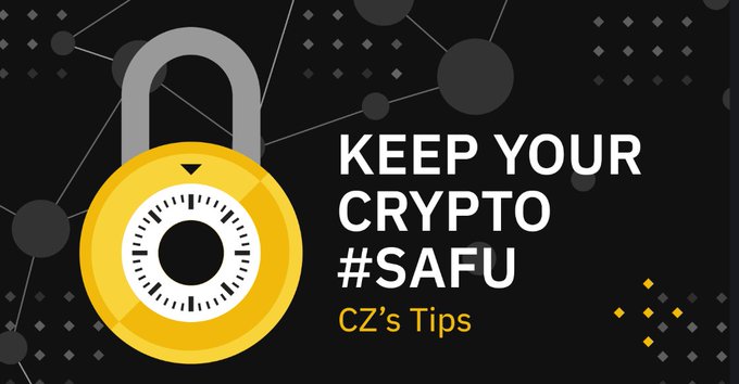 A promotional graphic featuring a golden padlock with the text 'KEEP YOUR CRYPTO #SAFU - CZ's Tips', referencing Binance's security slogan.