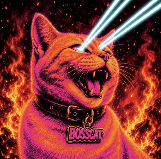A fierce orange cat with laser beam eyes and an open, hissing mouth wears a collar with a tag reading 'BOSSCAT' against a flaming background.