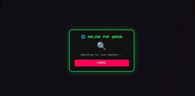 Game UI pop-up window with neon green border showing 'ONLINE PVP QUEUE' status 'Searching for live opponent...' with a red Cancel button.