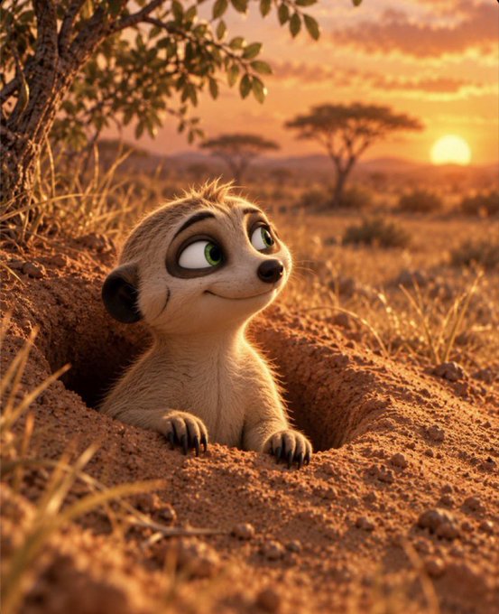 A digital illustration shows a baby meerkat peeking out of a dirt burrow, gazing up at a warm sunset over an African savanna.