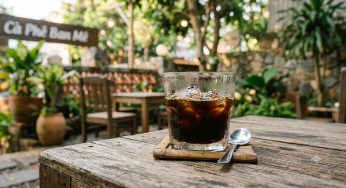 A glass of iced coffee sits on a wooden coaster and a rustic wooden table, with a metal spoon beside it. The blurred background shows a garden cafe setting with wooden chairs and a sign that reads 'Cà Phê Bean Me'.
