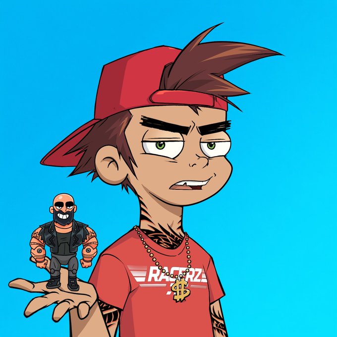 A cartoon illustration of a young man in a red cap and "RACERZ" shirt with tattoos, holding a tiny muscular bearded figure on his hand against a bright blue background.