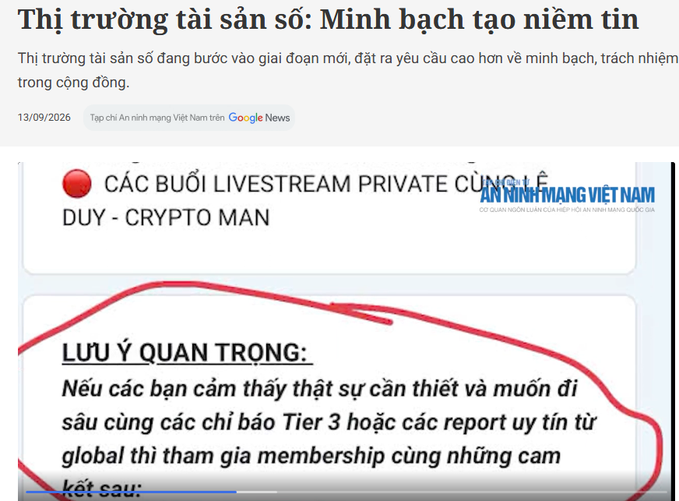 A screenshot of a Vietnamese article titled 'Thị trường tài sản số: Minh bạch tạo niềm tin' featuring an advertisement for a private livestream membership called 'Crypto Man'.