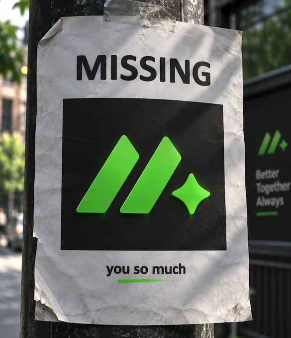 A weathered 'MISSING' poster taped to a pole on a city street, featuring a green geometric logo with two slanted bars and a sparkle design, with the text 'you so much' at the bottom and a 'Better Together Always' advertisement nearby.