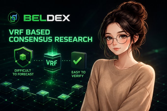 An illustrated woman stands beside a graphic for Beldex's "VRF Based Consensus Research," which visually breaks down the concept into two icons labeled "Difficult to Forecast" (shield) and "Easy to Verify" (checkmark), connected through a central VRF block to illustrate the cryptographic selection process described in the post.