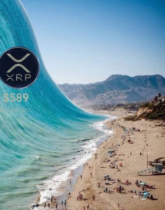 A digitally manipulated image showing a massive tsunami wave towering over a crowded beach (resembling Malibu), with an XRP logo and '$589' price label superimposed on the wave.