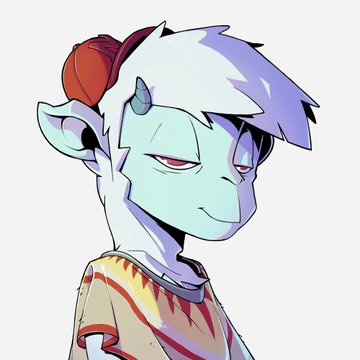 An illustration of a blue-skinned character with white hair and pointed ears, wearing a red beanie and a tan patterned shirt.