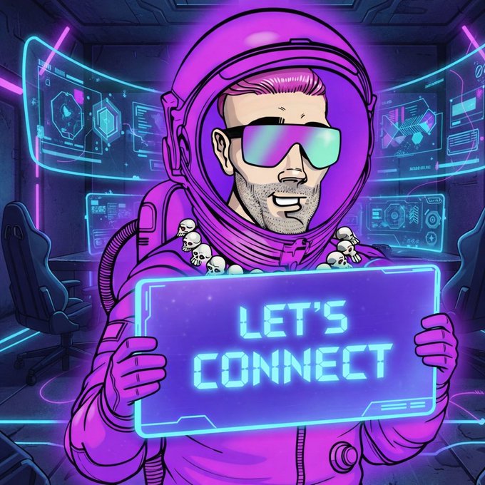 A neon-style digital illustration of a person wearing a purple astronaut helmet and reflective sunglasses, holding a glowing blue holographic sign that reads 'LET'S CONNECT' in a futuristic spaceship interior.