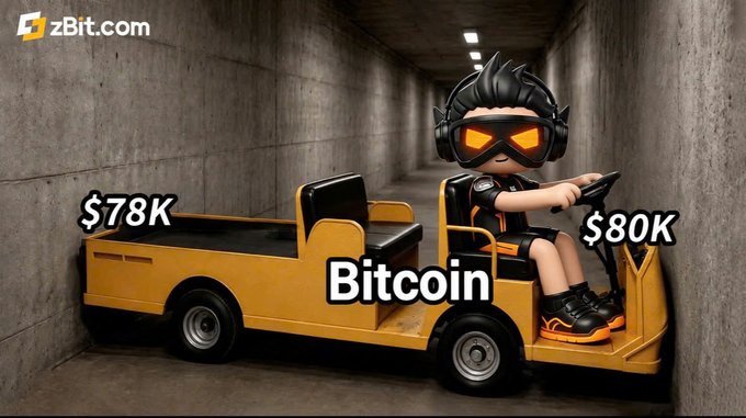 A graphic featuring a cartoon character driving a yellow utility vehicle through a tunnel, with Bitcoin labeled '$80K' and the back of the truck labeled '$78K' (zBit.com).