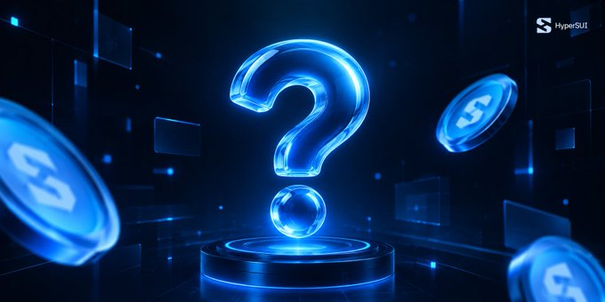 A futuristic digital graphic featuring a glowing blue 3D question mark on a circular pedestal, surrounded by floating blue coins, with the "HyperSUIT" logo in the top right corner.