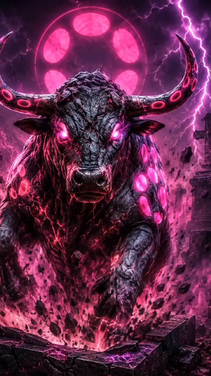 The image features a large bull with horns and glowing red eyes, surrounded by pink and purple explosions. The bull appears to be charging towards something or someone, creating an intense atmosphere. In the background, there are some rocks that seem to be part of the explosion. The caption reads "That support was worth respecting. A 1.5M volume push in less than 15 minutes shows real reaction at that lower area. That does not mean it is automatically safe, but it does mean buyers stepped in hard enough for you to notice."