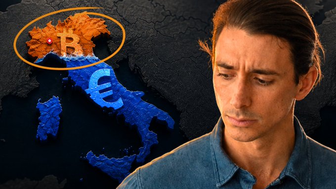 A concerned-looking man appears on the right beside a map of Italy colored like the EU flag, with a Bitcoin symbol and a red pin circled in orange on Northern Italy.