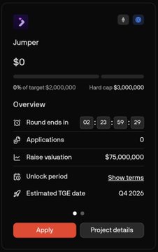 A cryptocurrency funding round interface for 'Jumper' showing $0 raised of a $2,000,000 target, a $75,000,000 valuation, and a round ending timer.